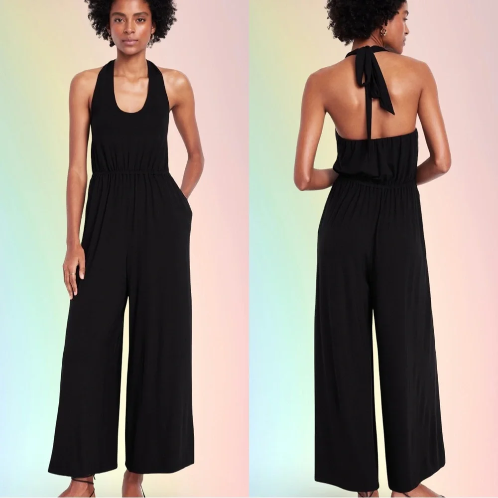 NWTS💓GAP OLD NAVY LG💓BLACK GREEK HALTER STYLE JUMPSUIT ELASTIC WAIST POCKETS - Picture 3 of 14